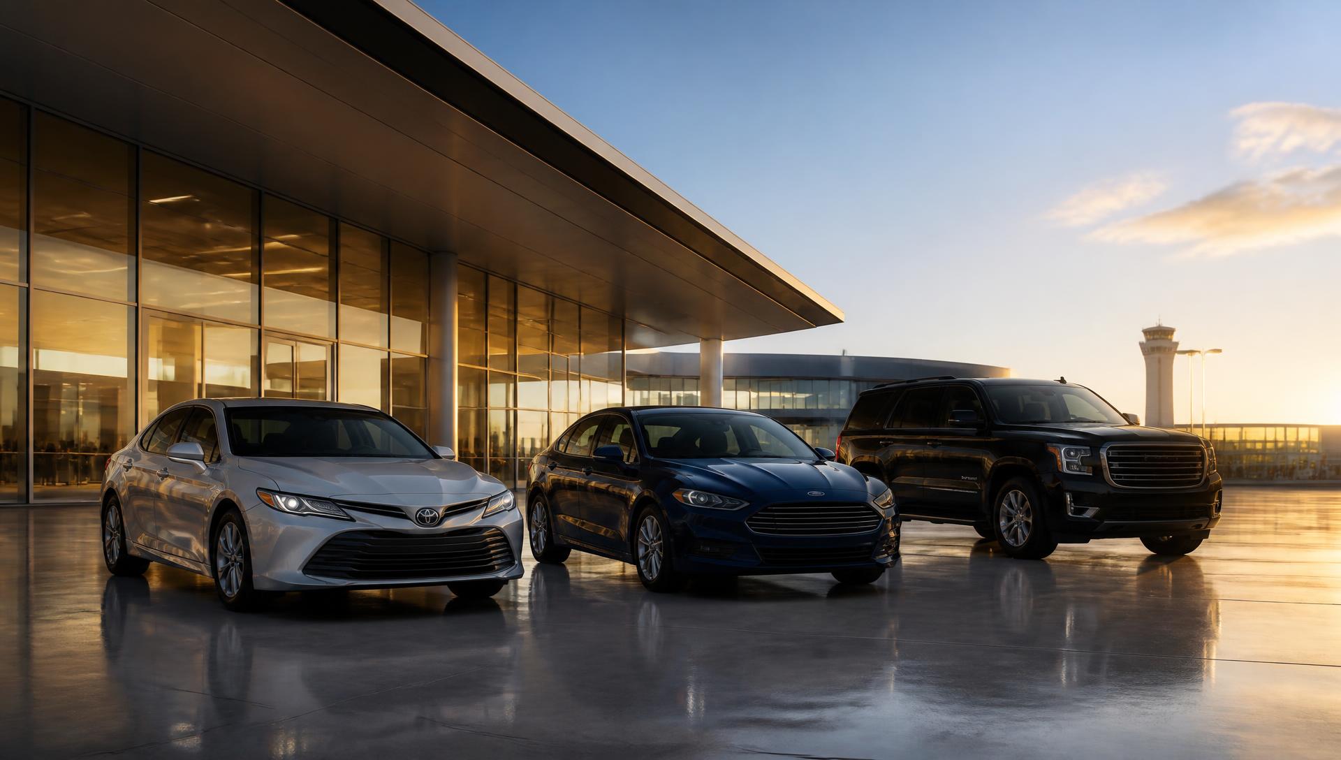Toyota Camry, Ford Fusion and GMC Tahoe rental vehicles parked at a modern airport rental facility at sunset